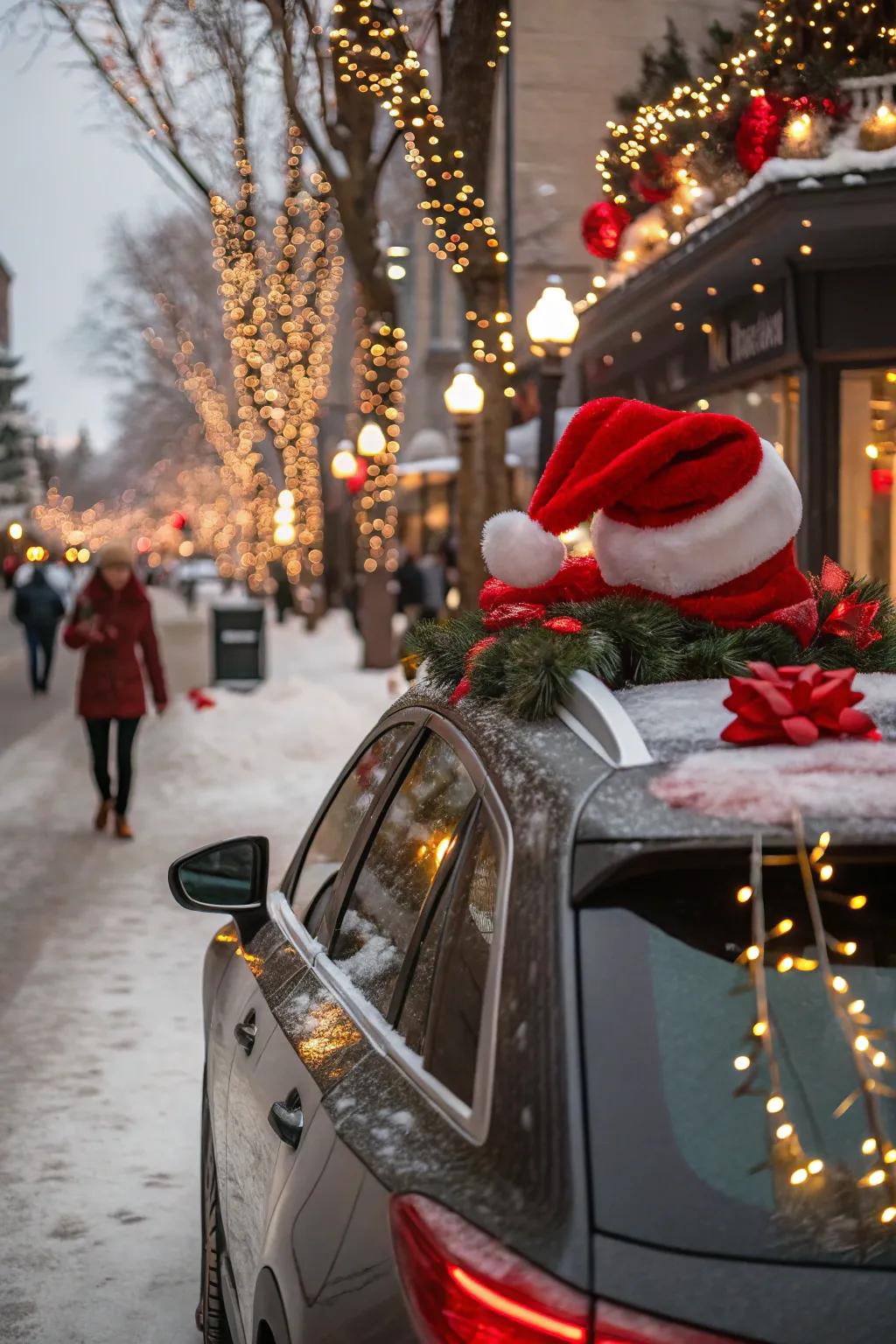 A car dressed up like Santa's sleigh, bringing smiles all around.