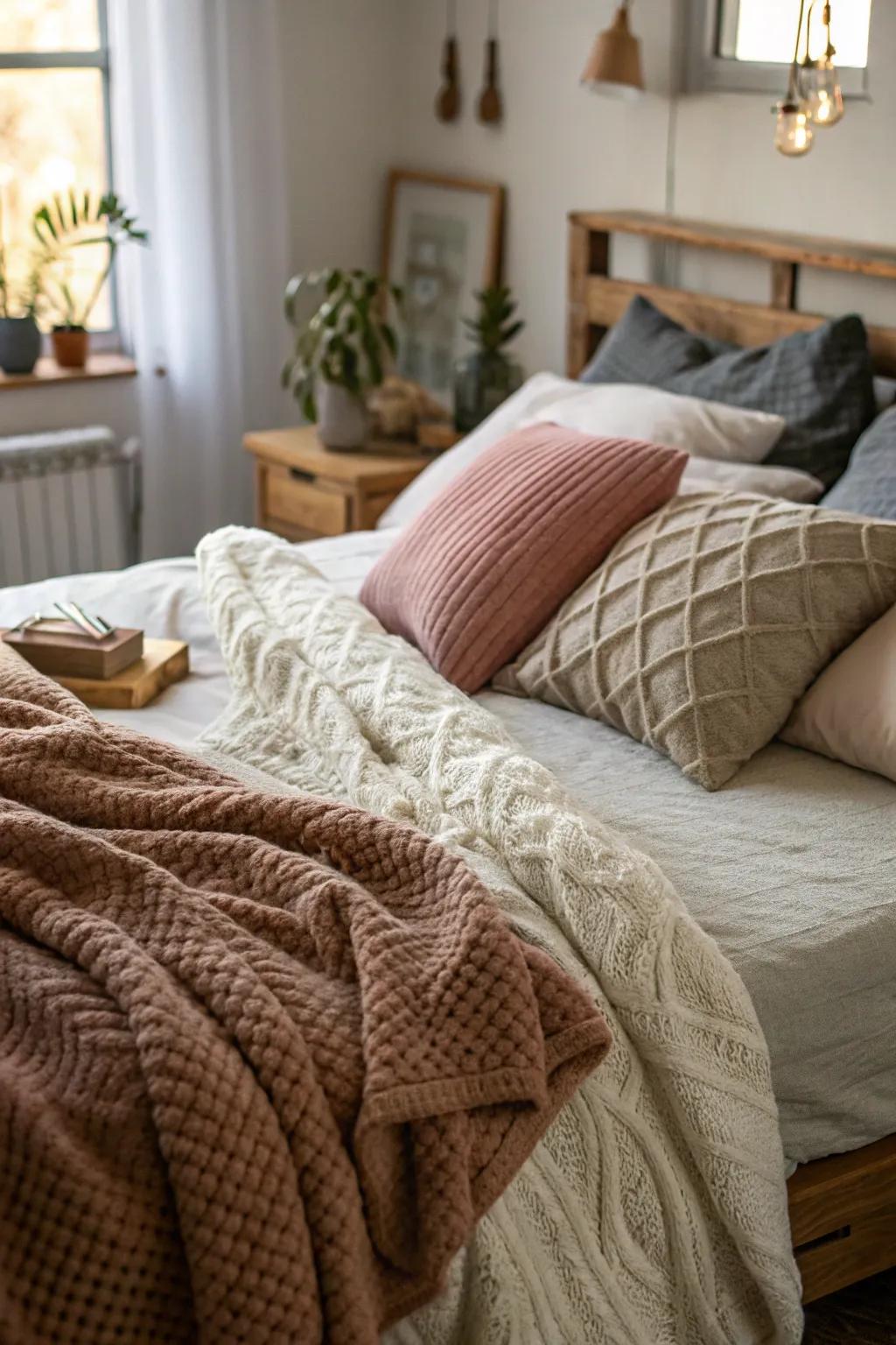 Layering textures for an inviting and snug bed.