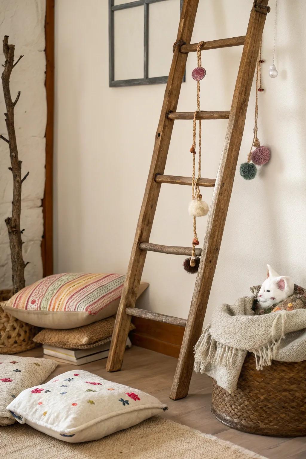 A repurposed ladder becomes a snug and delightful cat hangout.