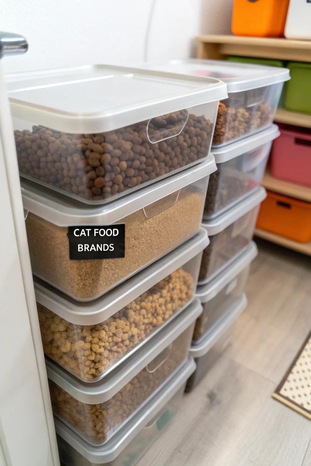 Efficient tiered bins for categorizing various cat food options.