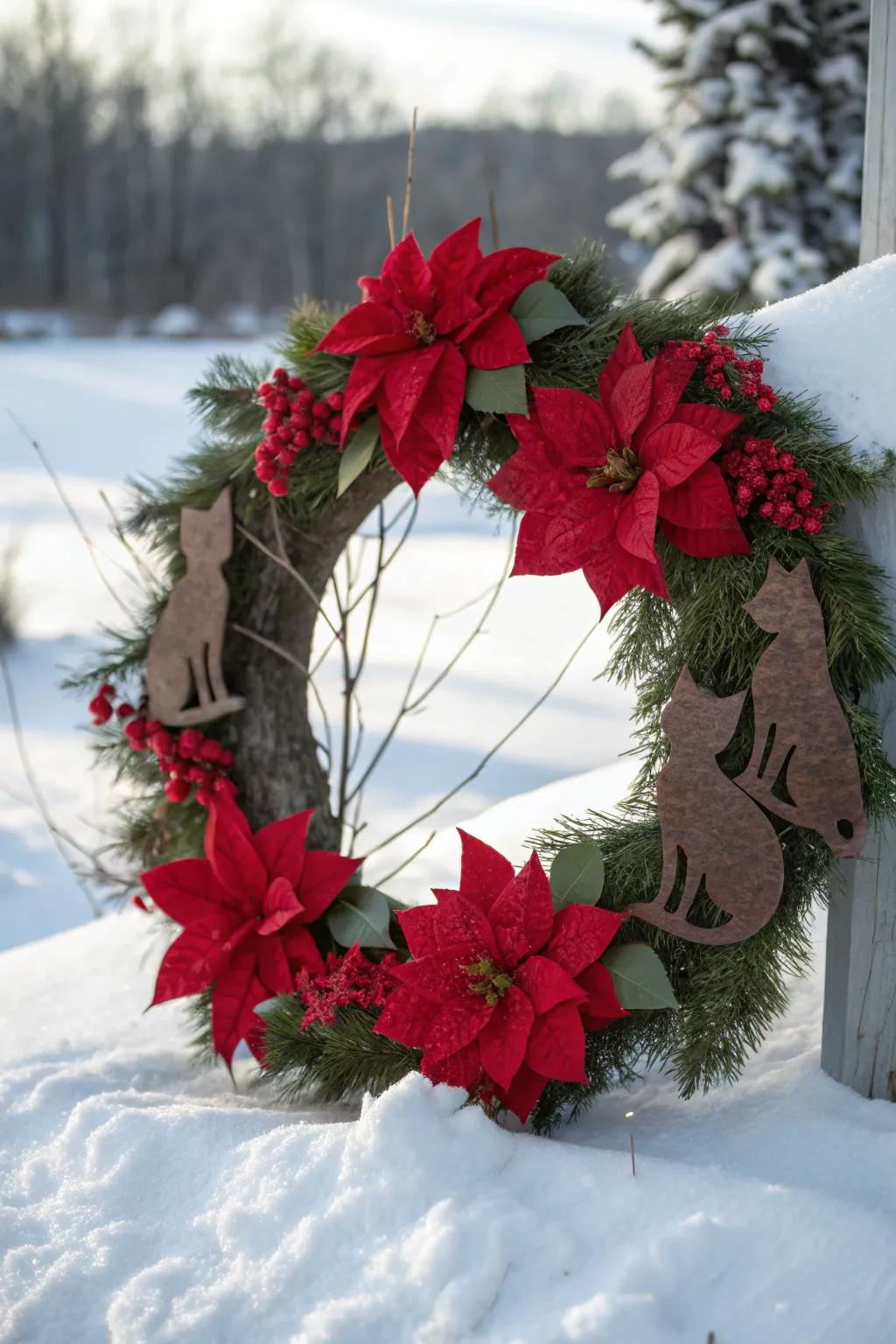 A festive euphorbia pulcherrima wreath featuring delightful feline accents.