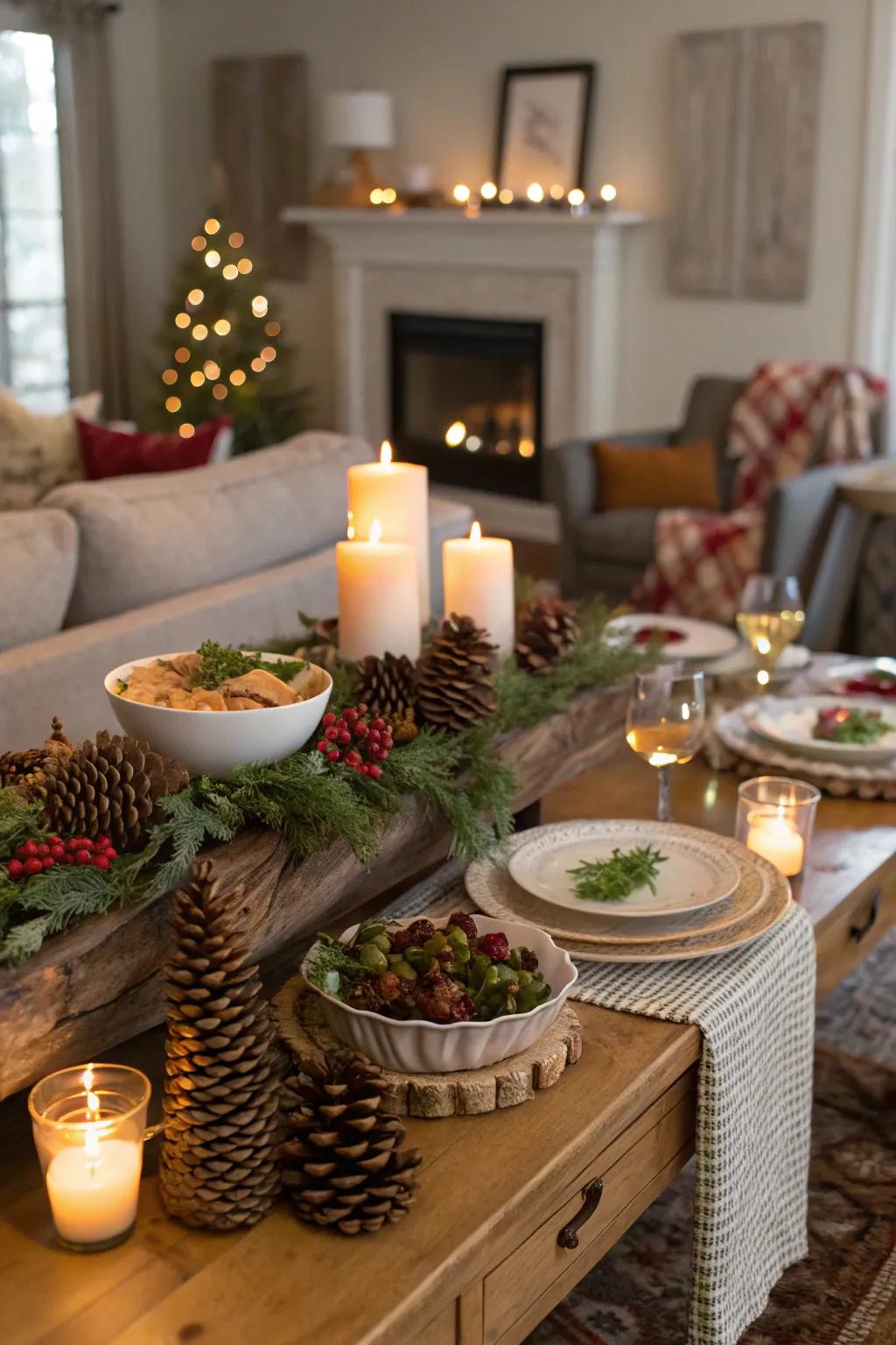Seasonal ornaments introduce a natural dimension to your dining arrangement.