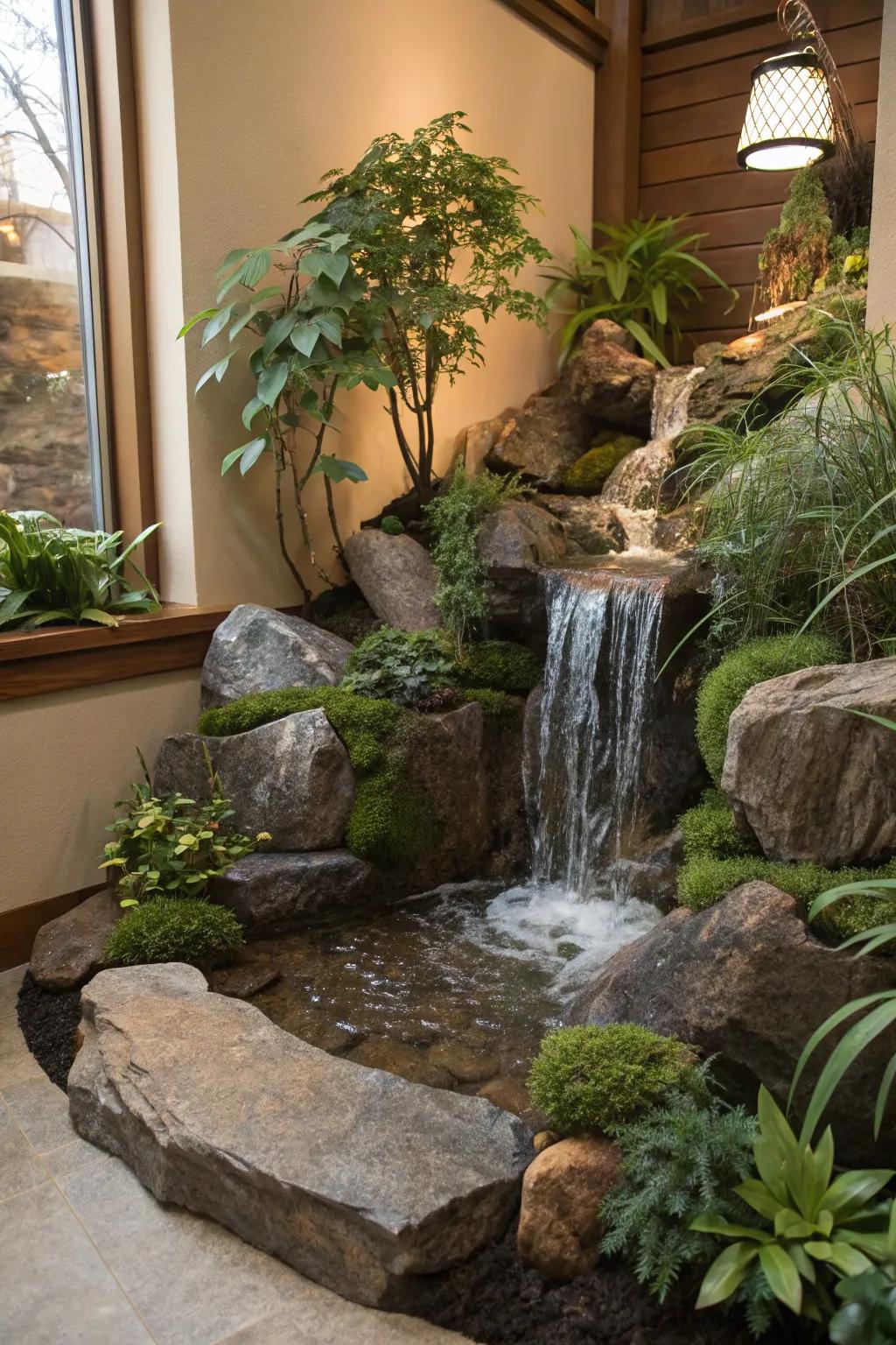 An indoor water display adds peacefulness.