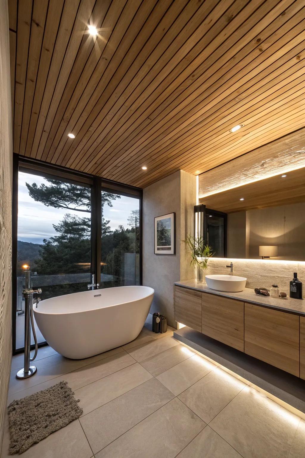 A contemporary lavatory showcasing a wood planked ceiling, cultivating a spa-like atmosphere.