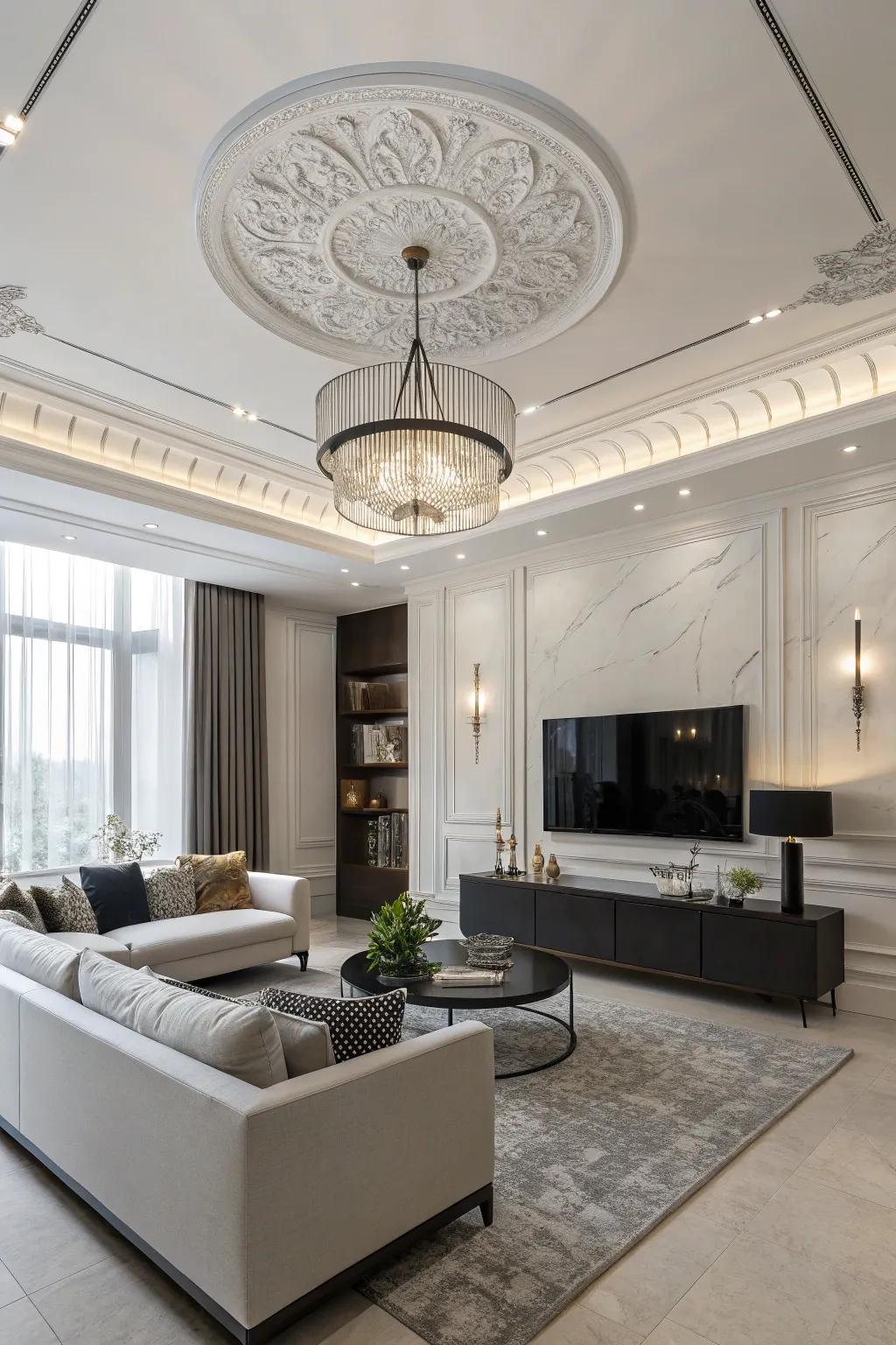 Minimalist rosettes impart a contemporary essence.