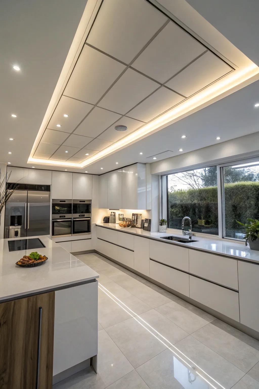 Sleek ceiling panels paired with lighting create a modern cooking space atmosphere.