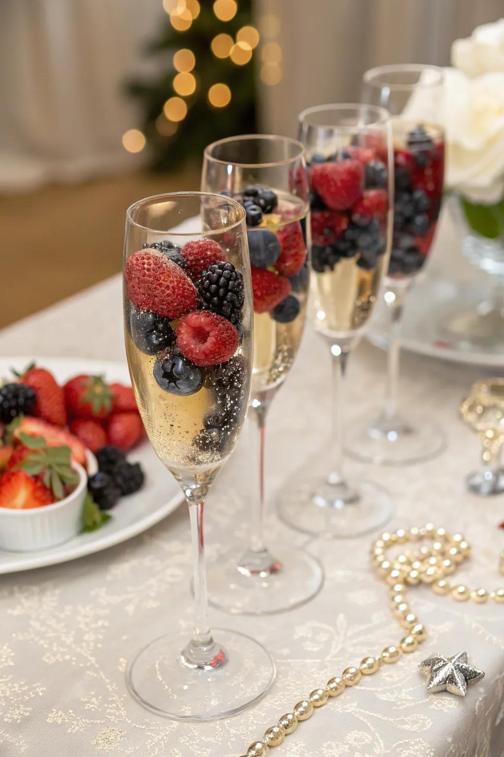Champagne glasses filled with fresh fruits for a flavorful toast.