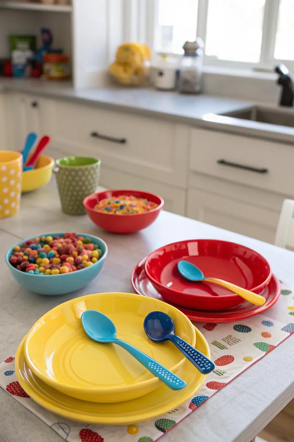A table adorned with vibrant plates and spoons, reflecting a playful, grain-inspired aesthetic.
