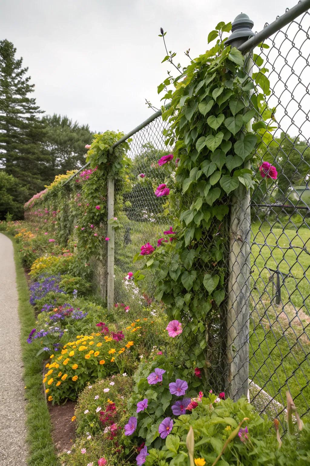 Climbing plants artistically transform your fence into a thriving vertical garden.