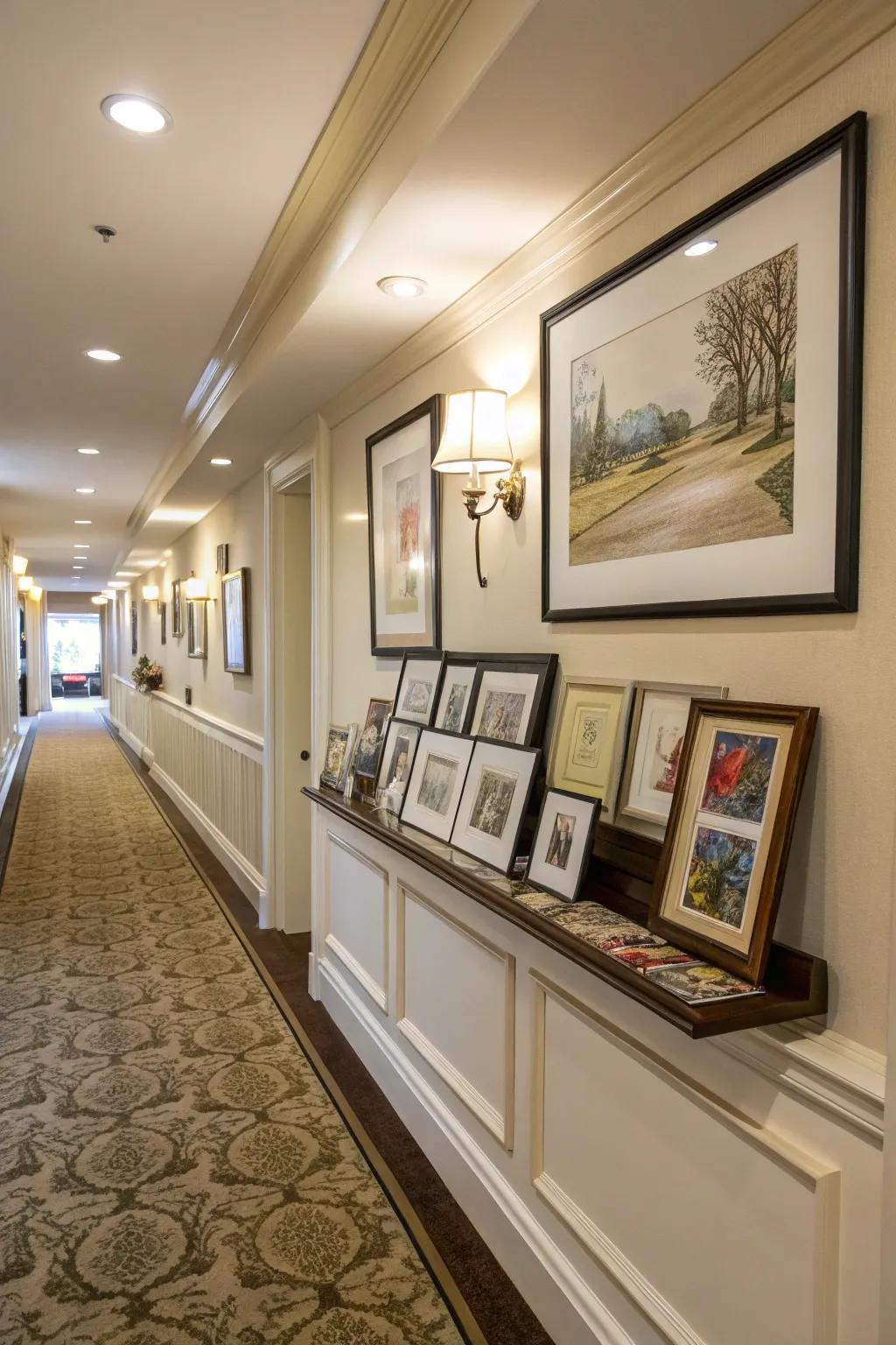 Curate a personal art exhibition utilizing a chair rail shelf.