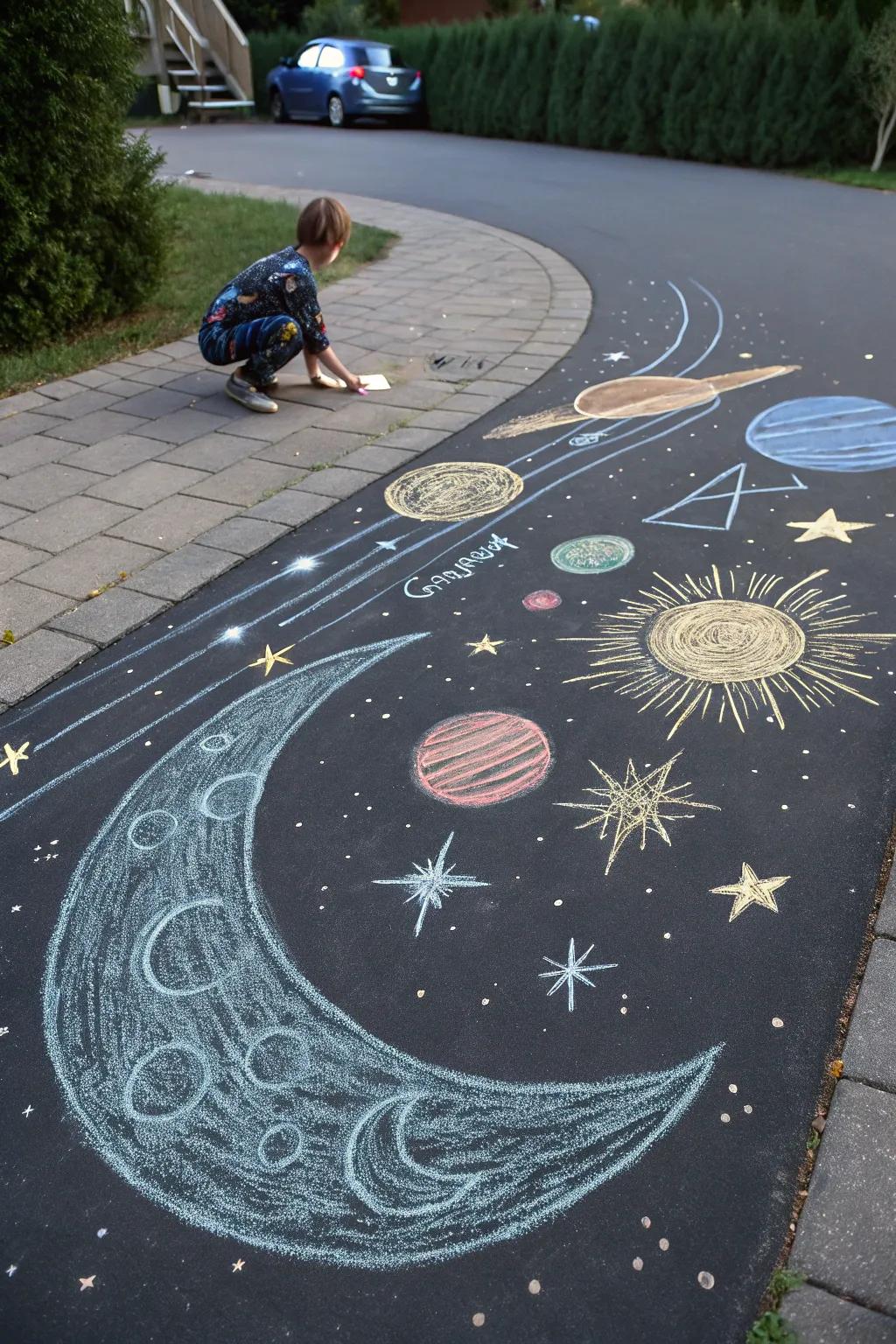 An enchanting heavenly scene sketched with art sticks, showcasing distant suns and celestial bodies.
