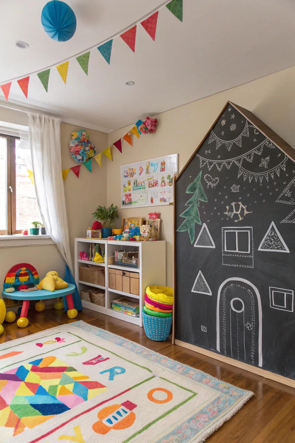 A chalkboard wall fashioned like a cottage contributes appeal and enjoyment.