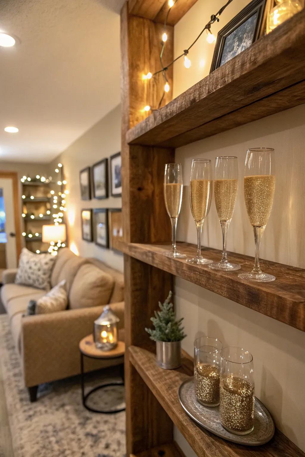 Country-style timber shelves introduce warmth to this sparkling beverage display.