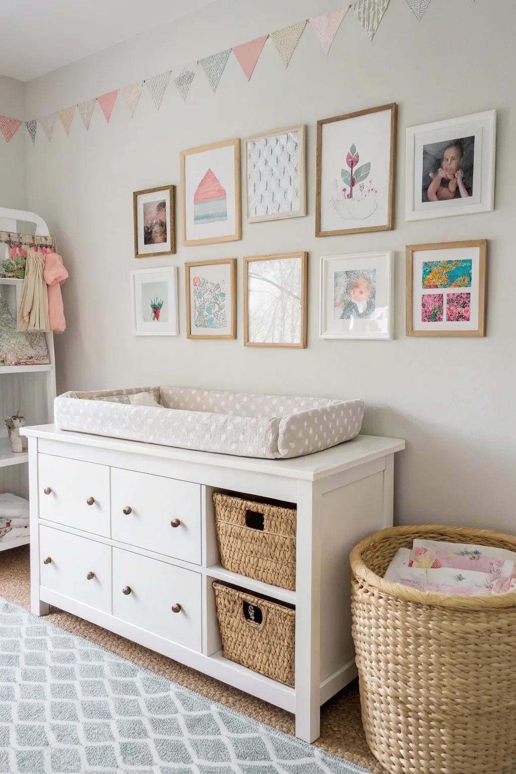 A mini gallery wall adds a personal touch above the changing table.