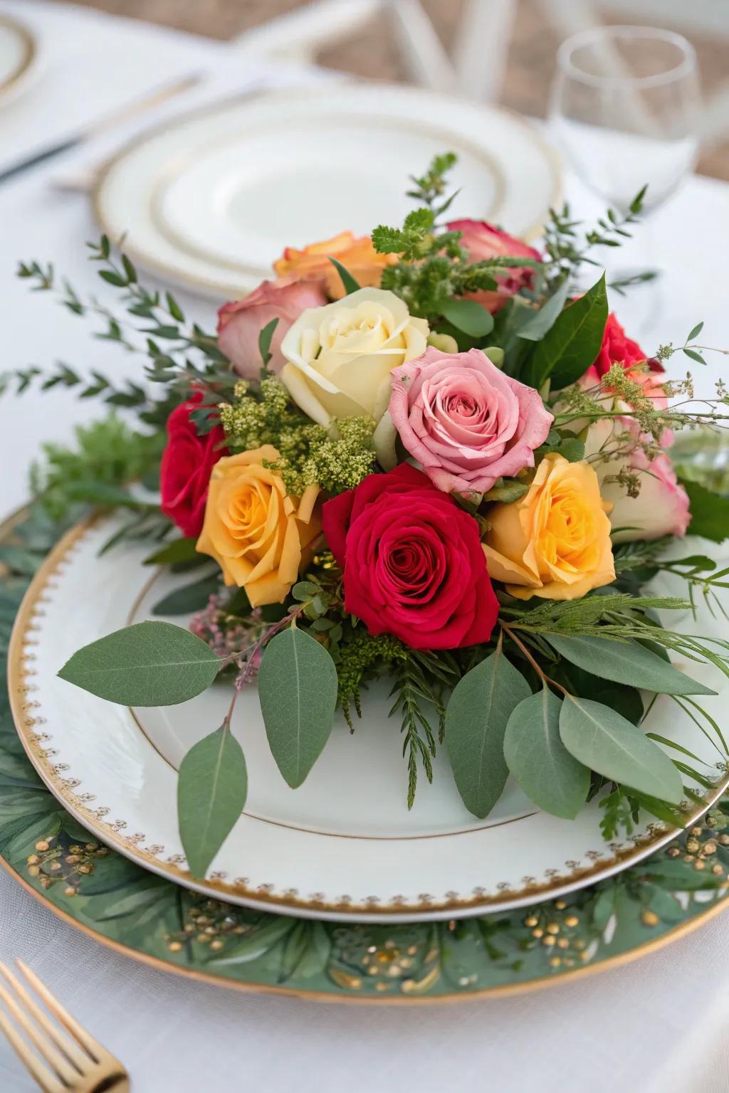 Bring the outdoors inside with a floral centerpiece on a charger plate.