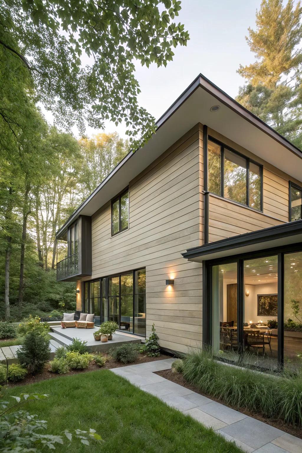 Composite stone siding mirrors a timber-like appearance at a reduced cost.