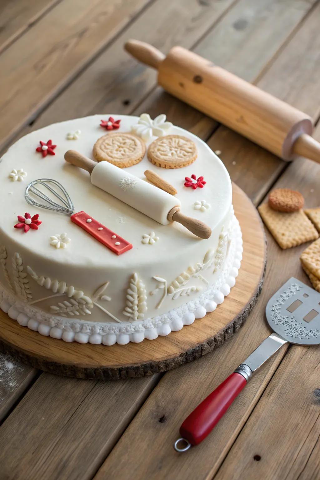 A cake enhanced with charming fondant miniatures of cooking tools.