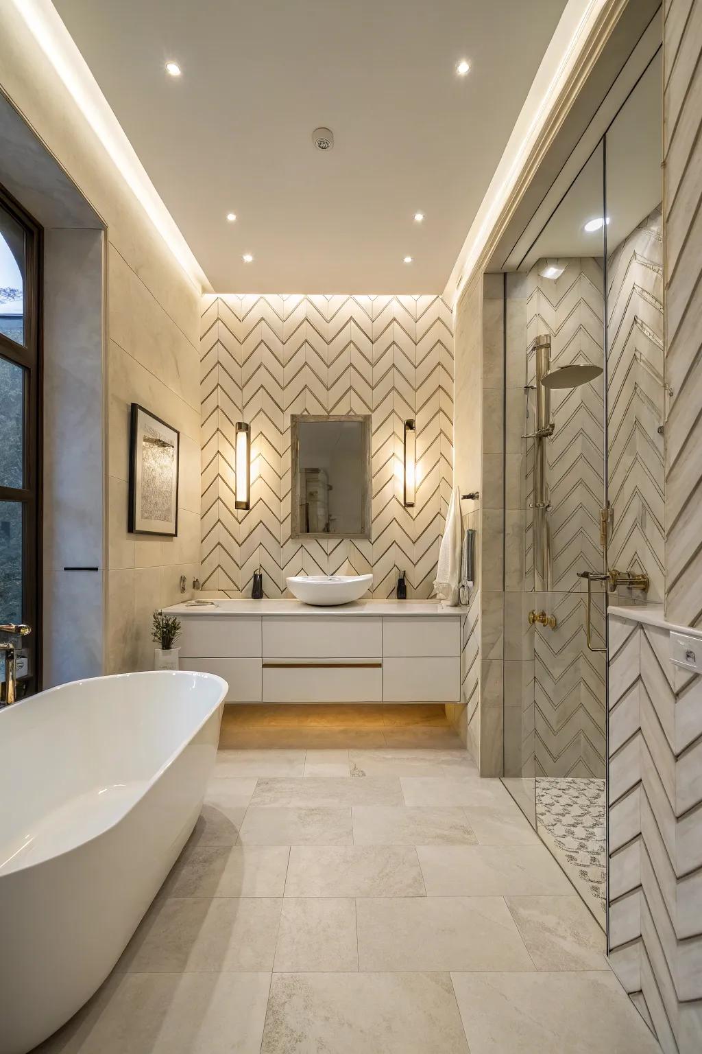 This chic bathroom has a peaceful, airy atmosphere because to the zigzag layout tiles.