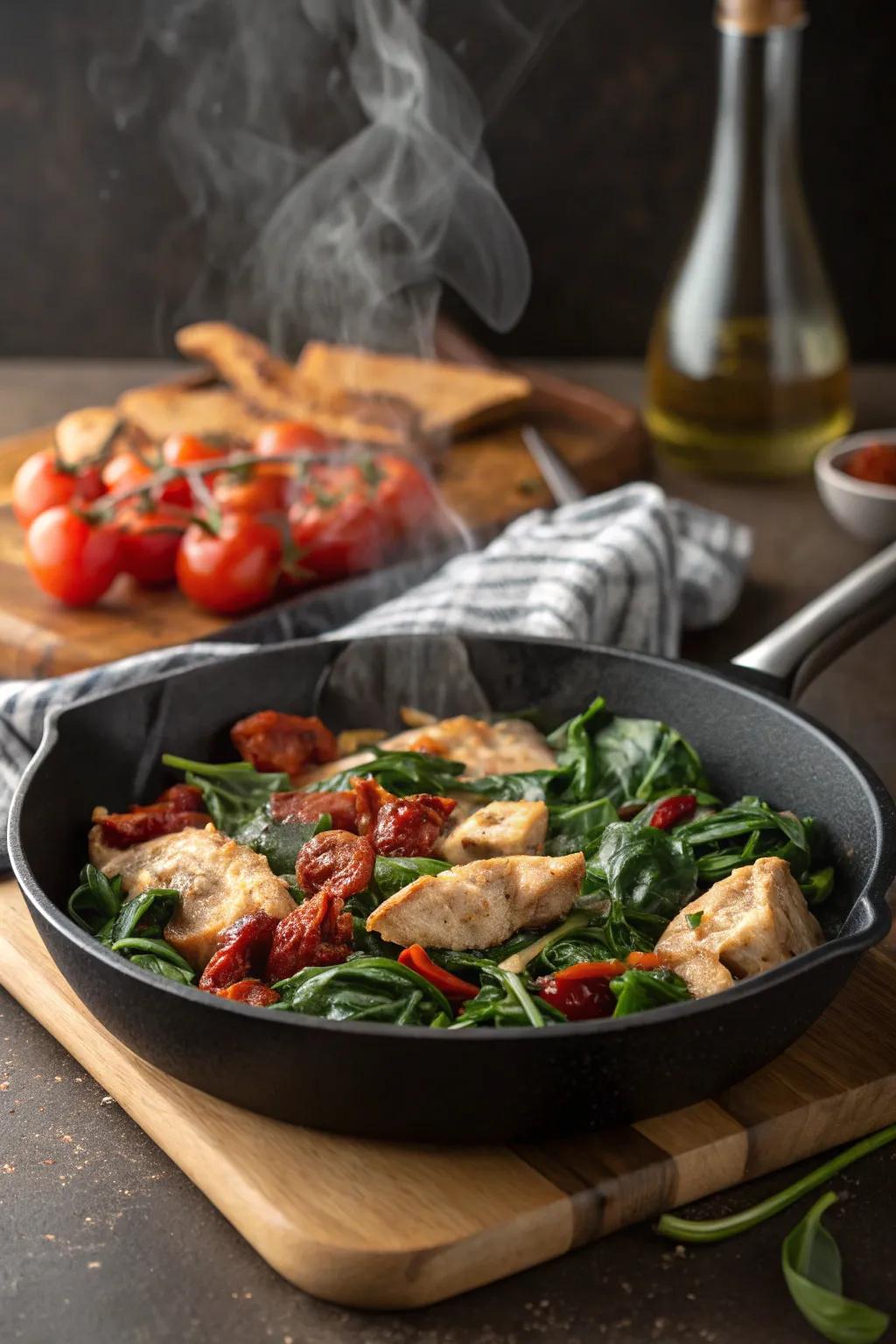 Effortless chicken, spinach, and sun-kissed tomatoes for an easy meal.