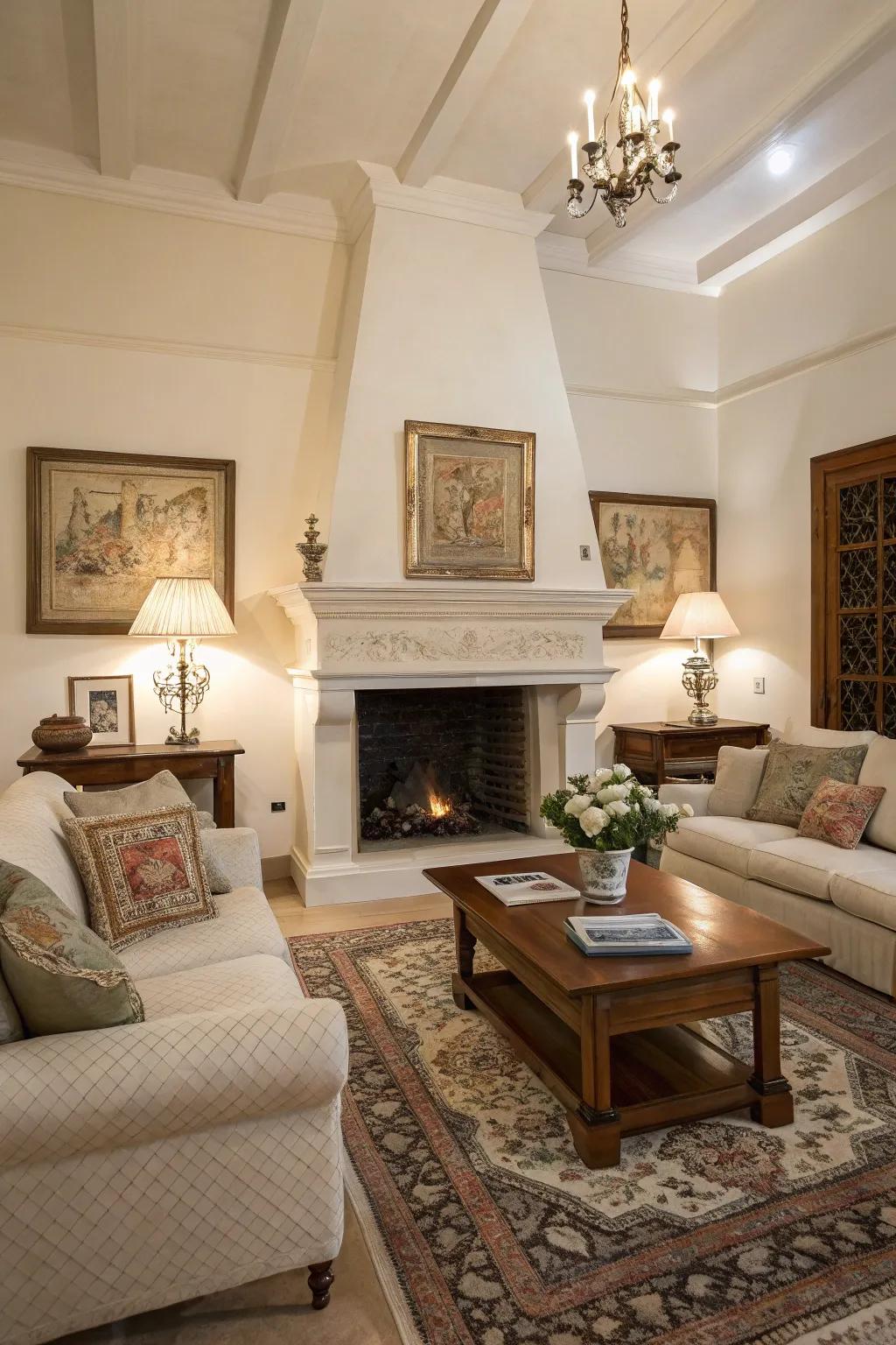 An ivory chimney offers an eternal and adaptable setting.