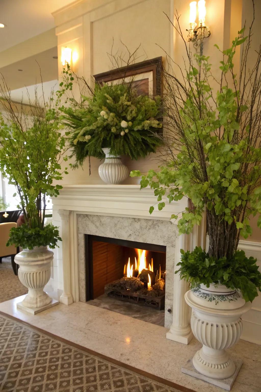 Verdant elements surrounding the fireplace infuse the area with a sense of natural vitality.