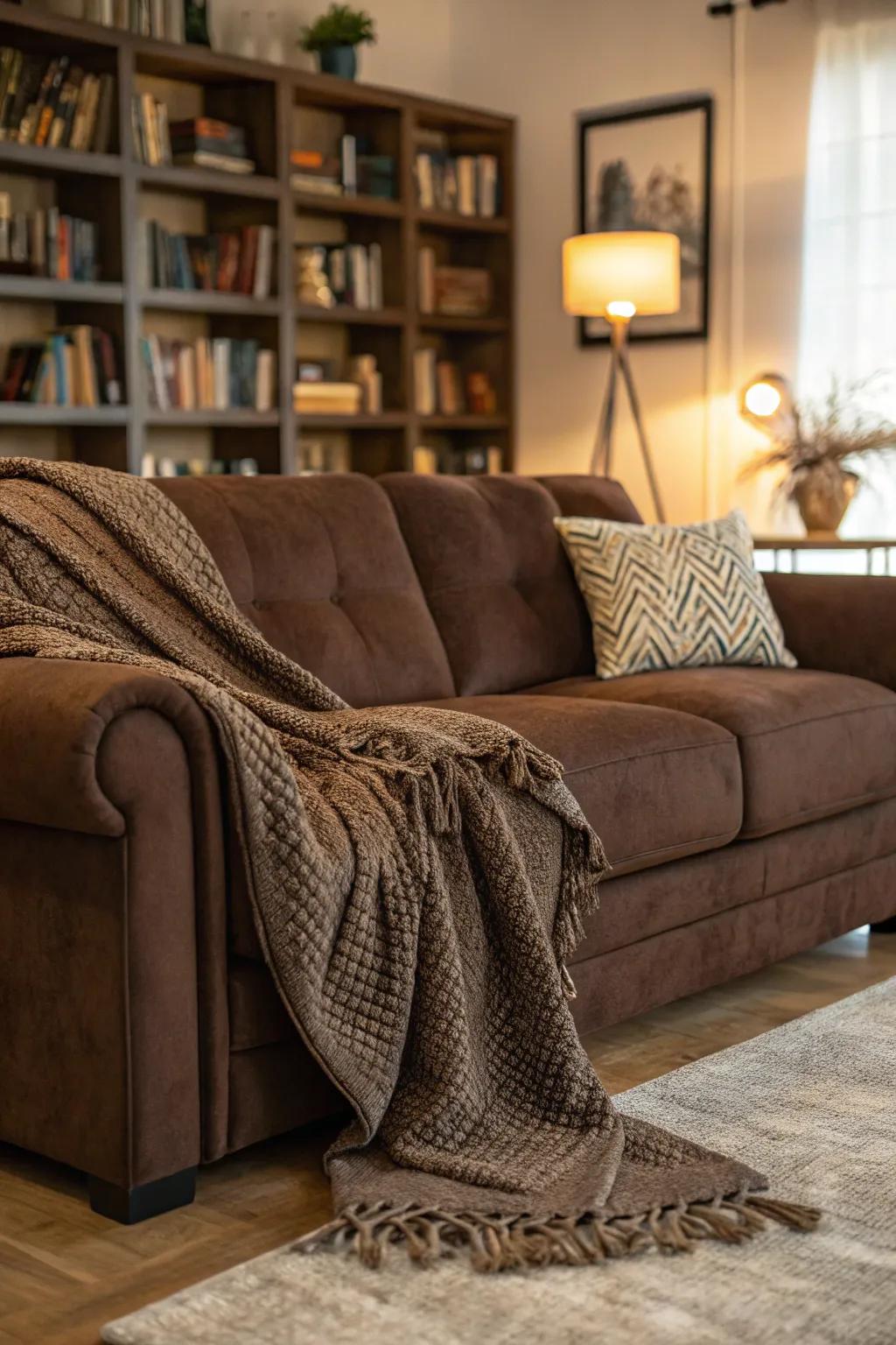 A textured drape throw enriches both the depth and comfort of a cocoa sofa.