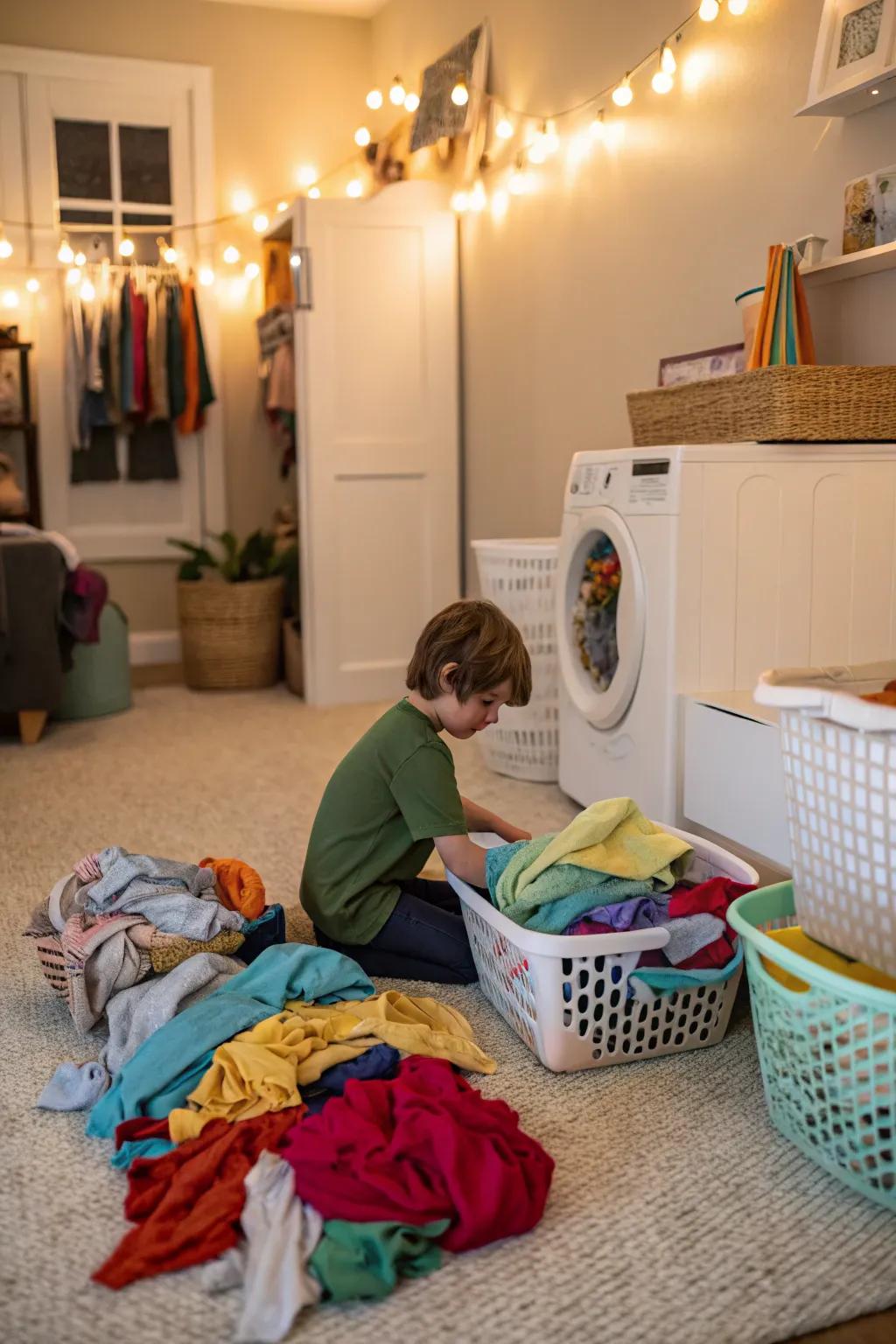 A young child arranging vibrant laundry items into baskets.