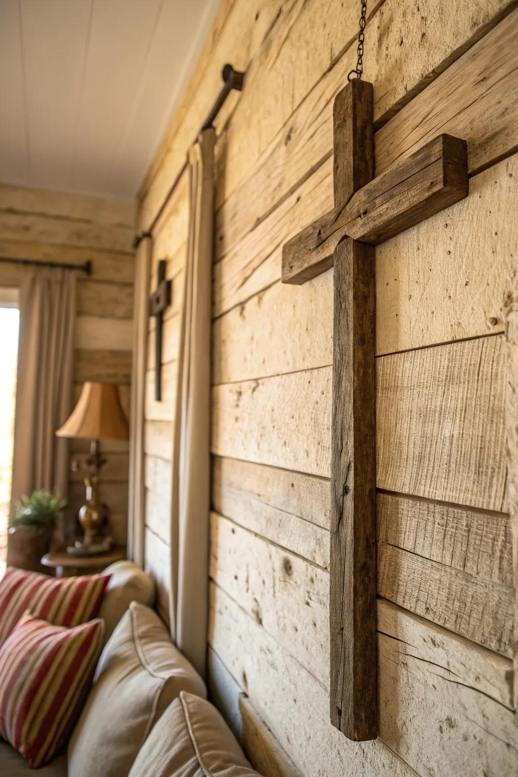 A country chic wooden cross infuses warmth and heritage.