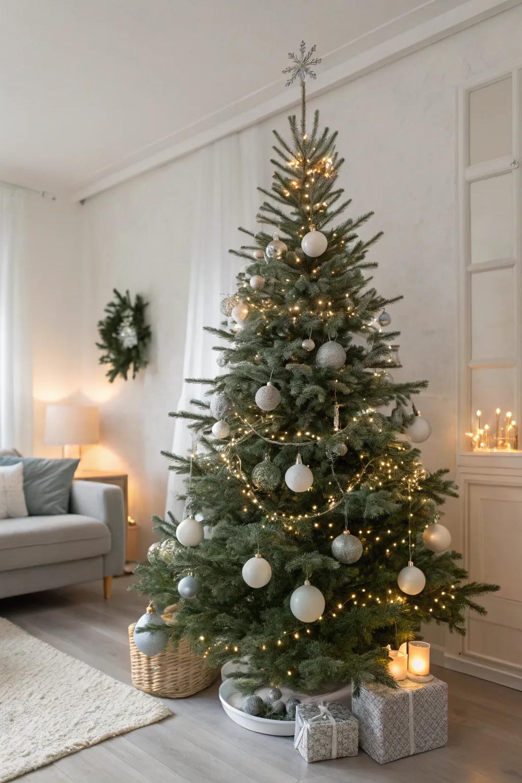 A chromatic silver bauble tree for a sophisticated and modern holiday aesthetic.