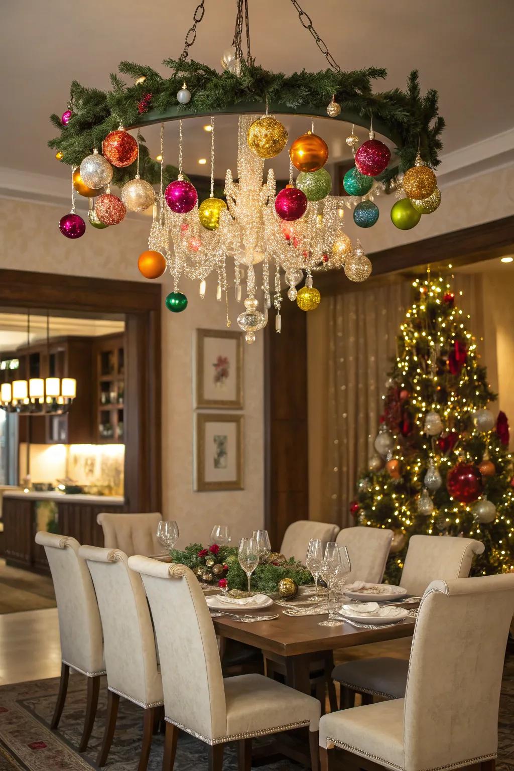 A bauble-laden chandelier crafts a striking holiday assertion.