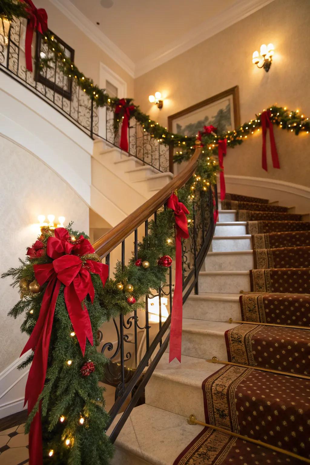 A staircase gracefully embellished with greenery and silken bands.