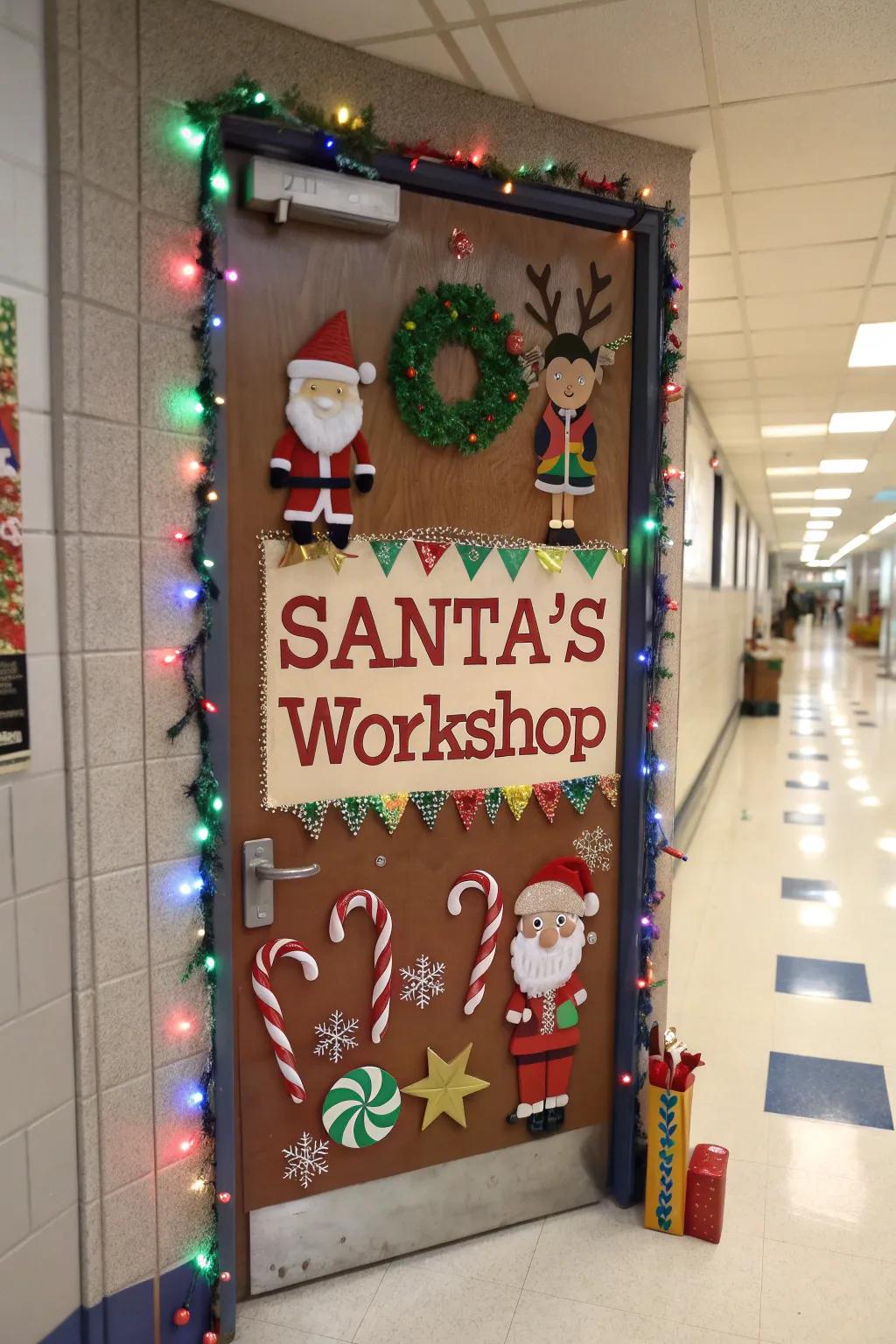Santa's creative haven materializes upon this jubilant school portal.