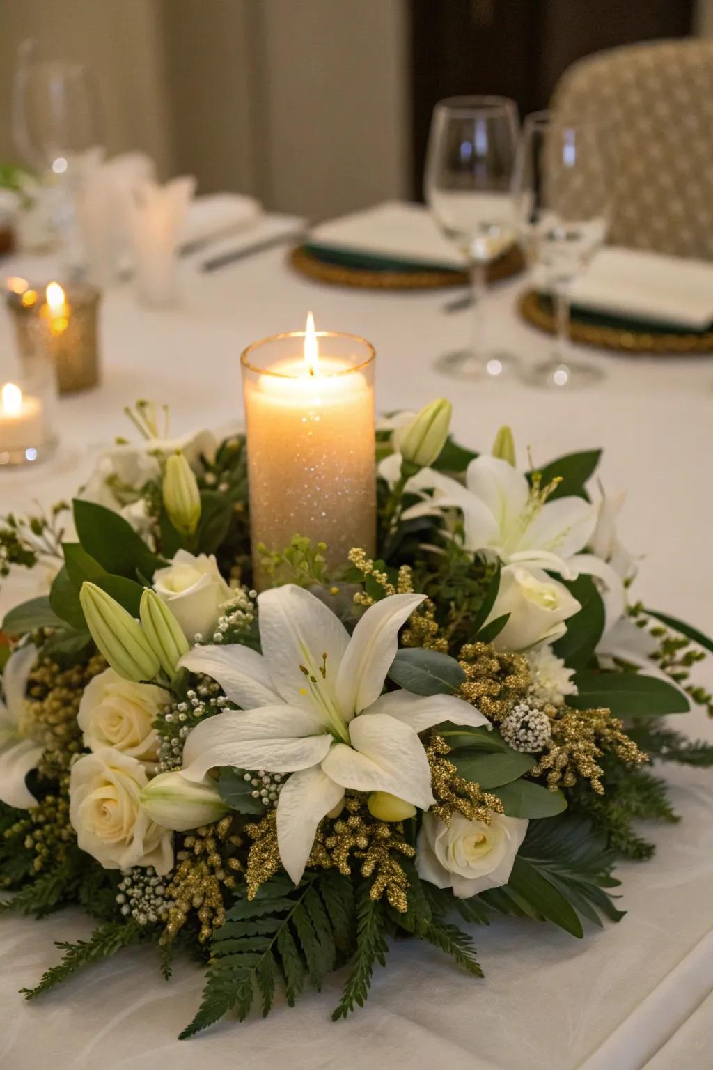 A garland featuring ivory blossoms and gilded nuances, impeccable for the Christmas dining arrangement.