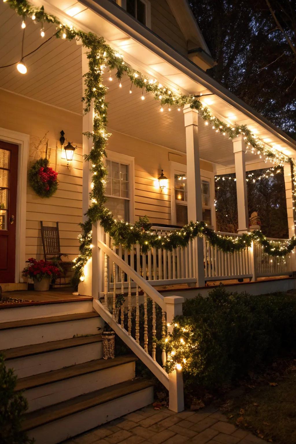 A welcoming veranda graced with garlands and luminous lights, creating a festive passage.