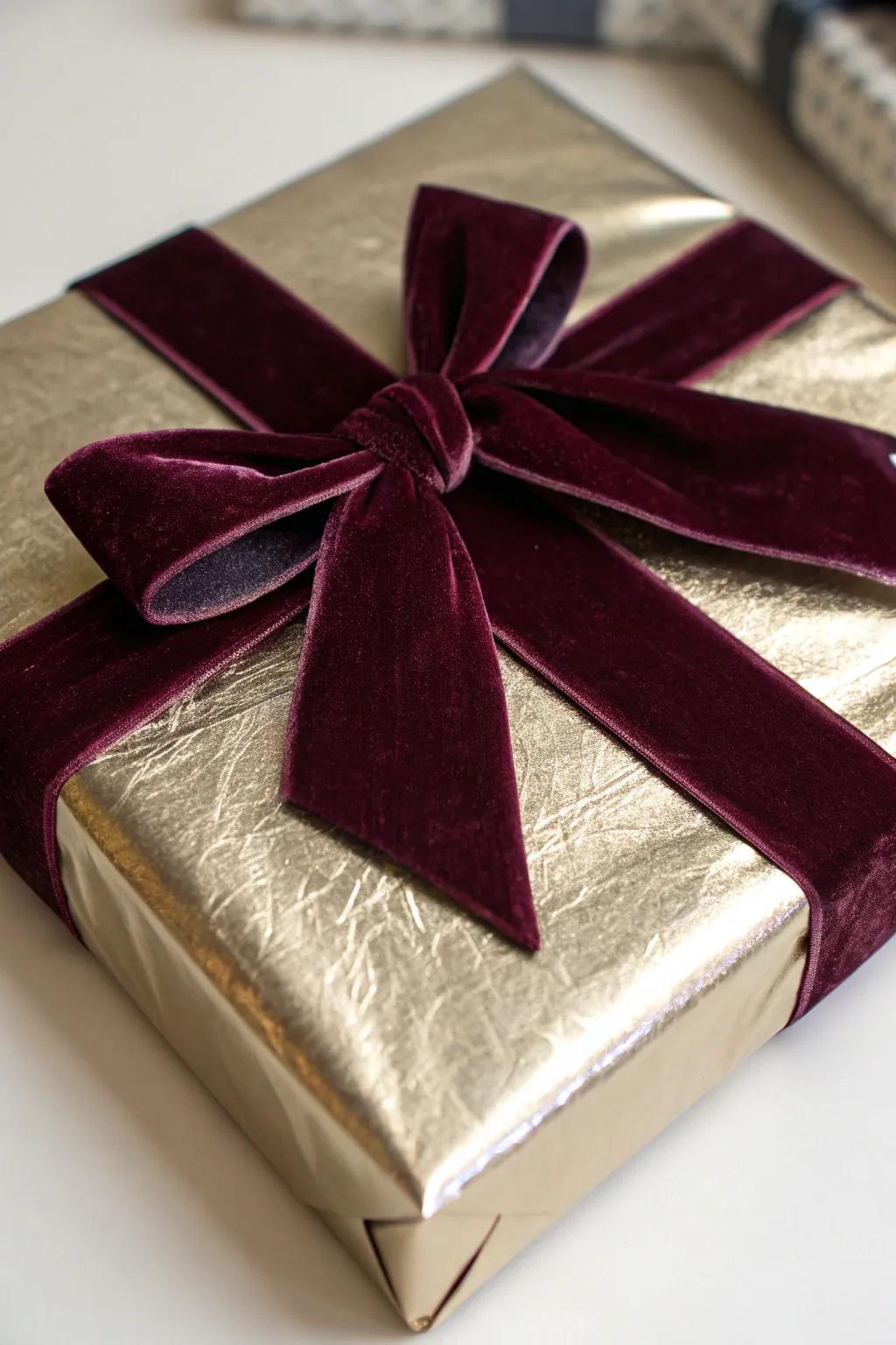 Metallic wrapping gains a touch of class with the addition of a plush velvet ribbon.