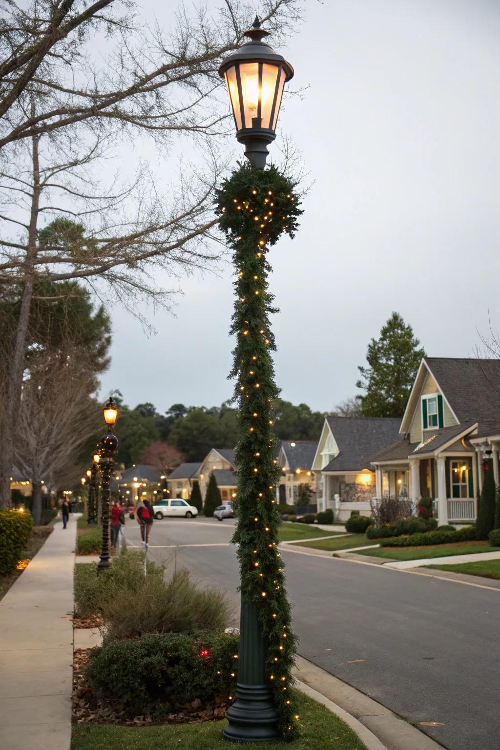 A lamp post embellished with luxurious garlands and sparkling lights.