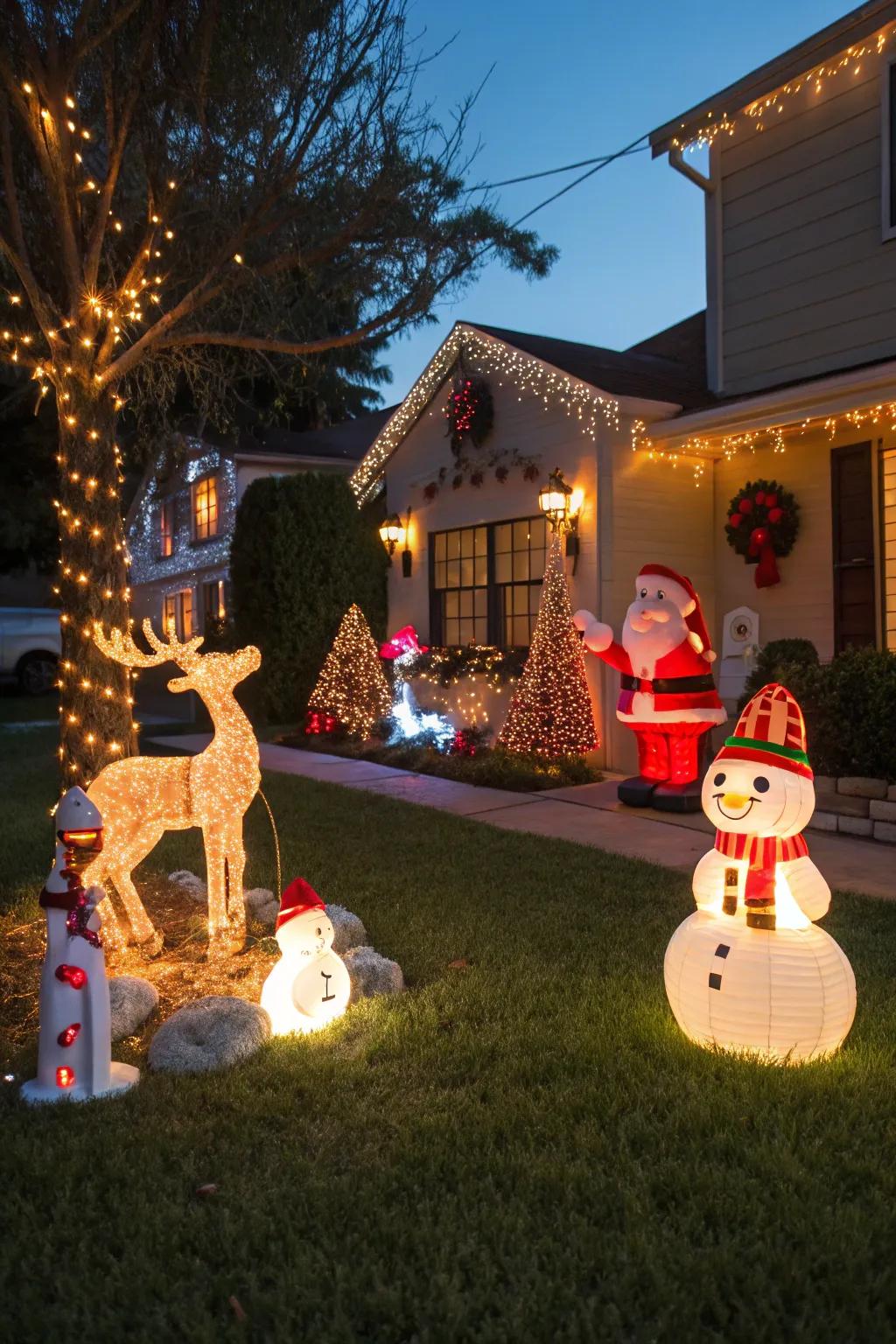 A front yard decorated with captivating Christmas light displays.