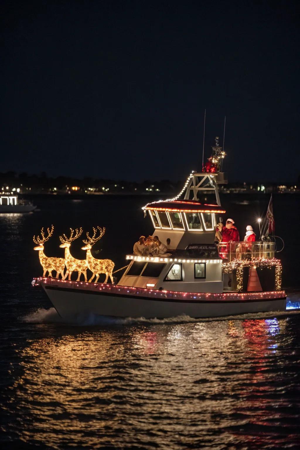 A vessel creatively styled as Santa's sleigh, commanding the parade with flair.