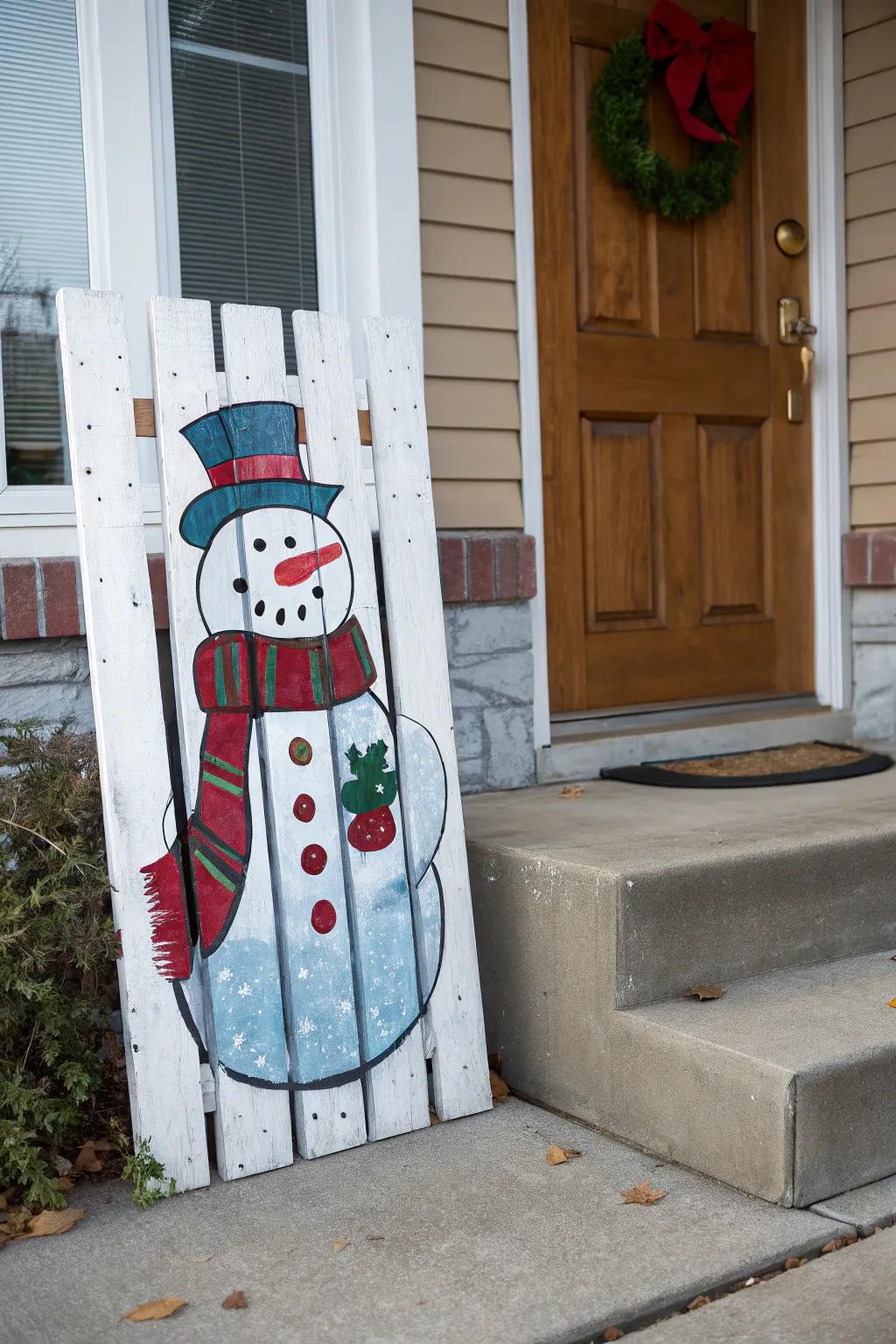 Spread joy at your entrance with a pallet snowman.