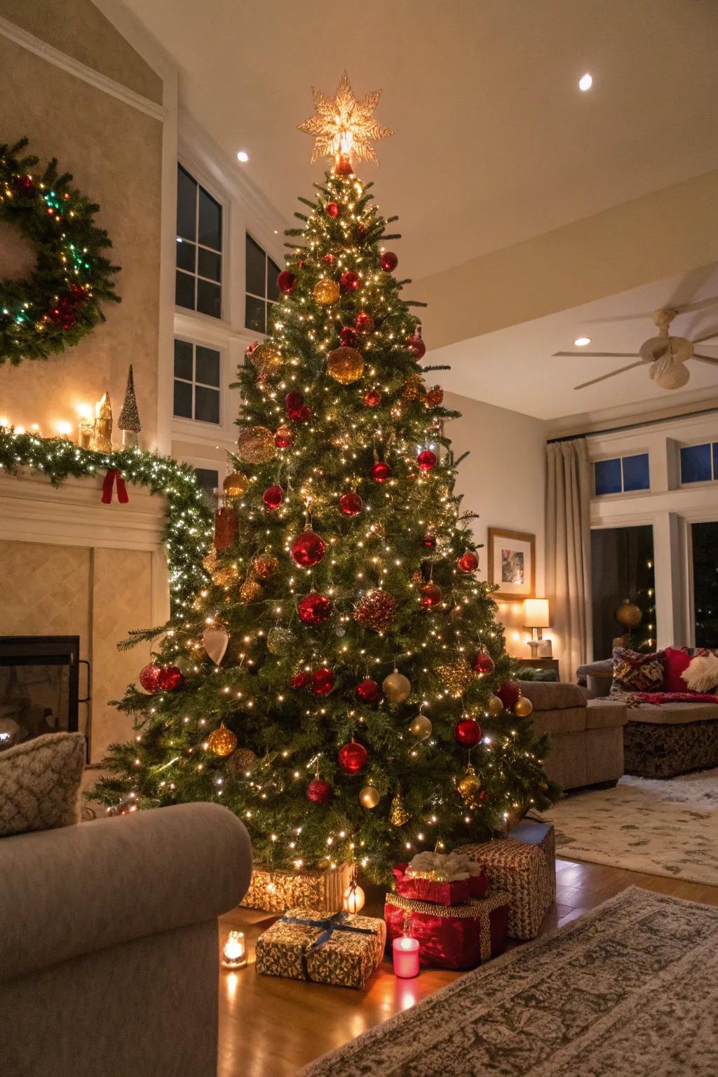 A beautifully adorned Christmas tree serving as the magnificent centerpiece of the festive decorations.