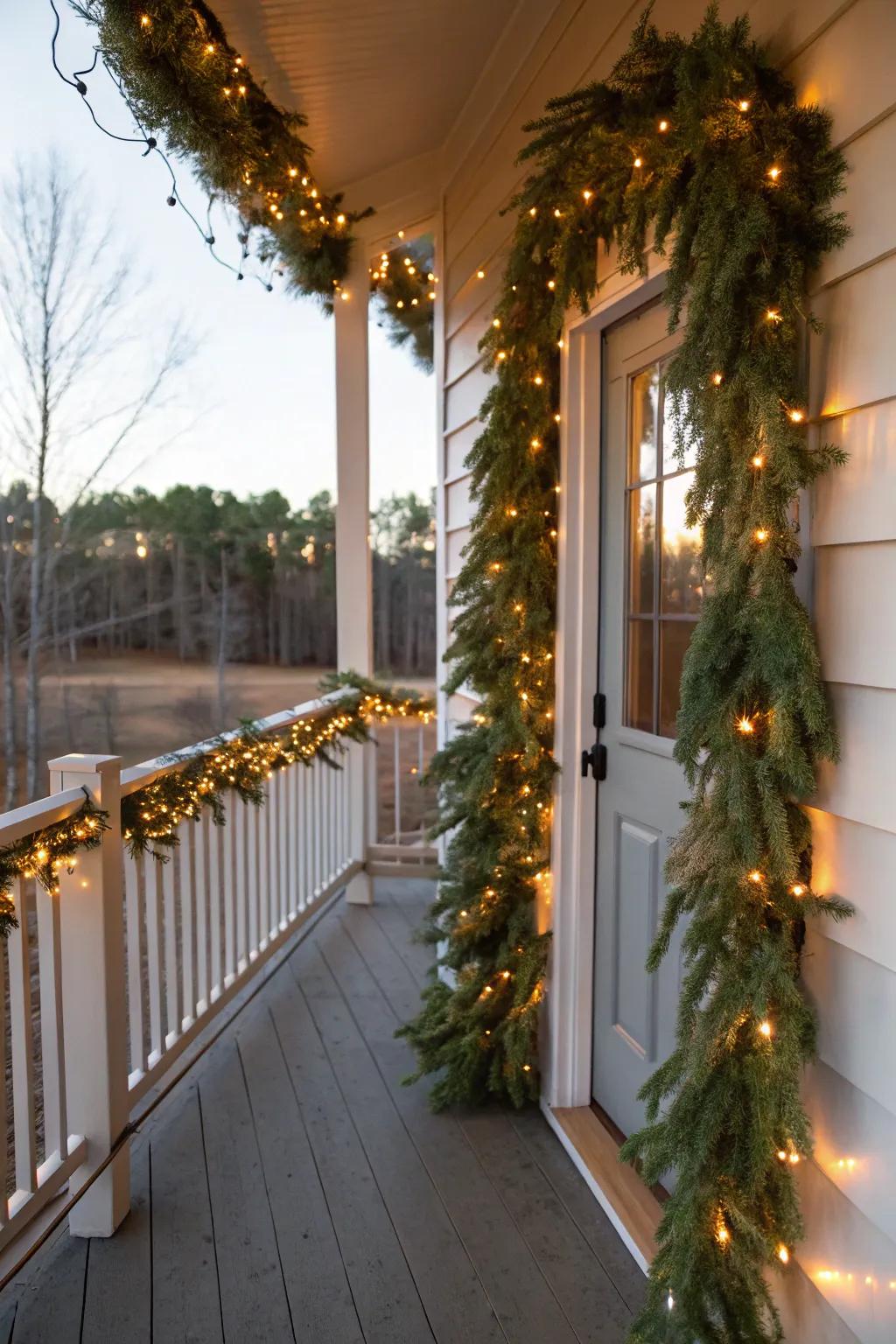 An effulgent chain of pines and lights for an enchanting porch setting.