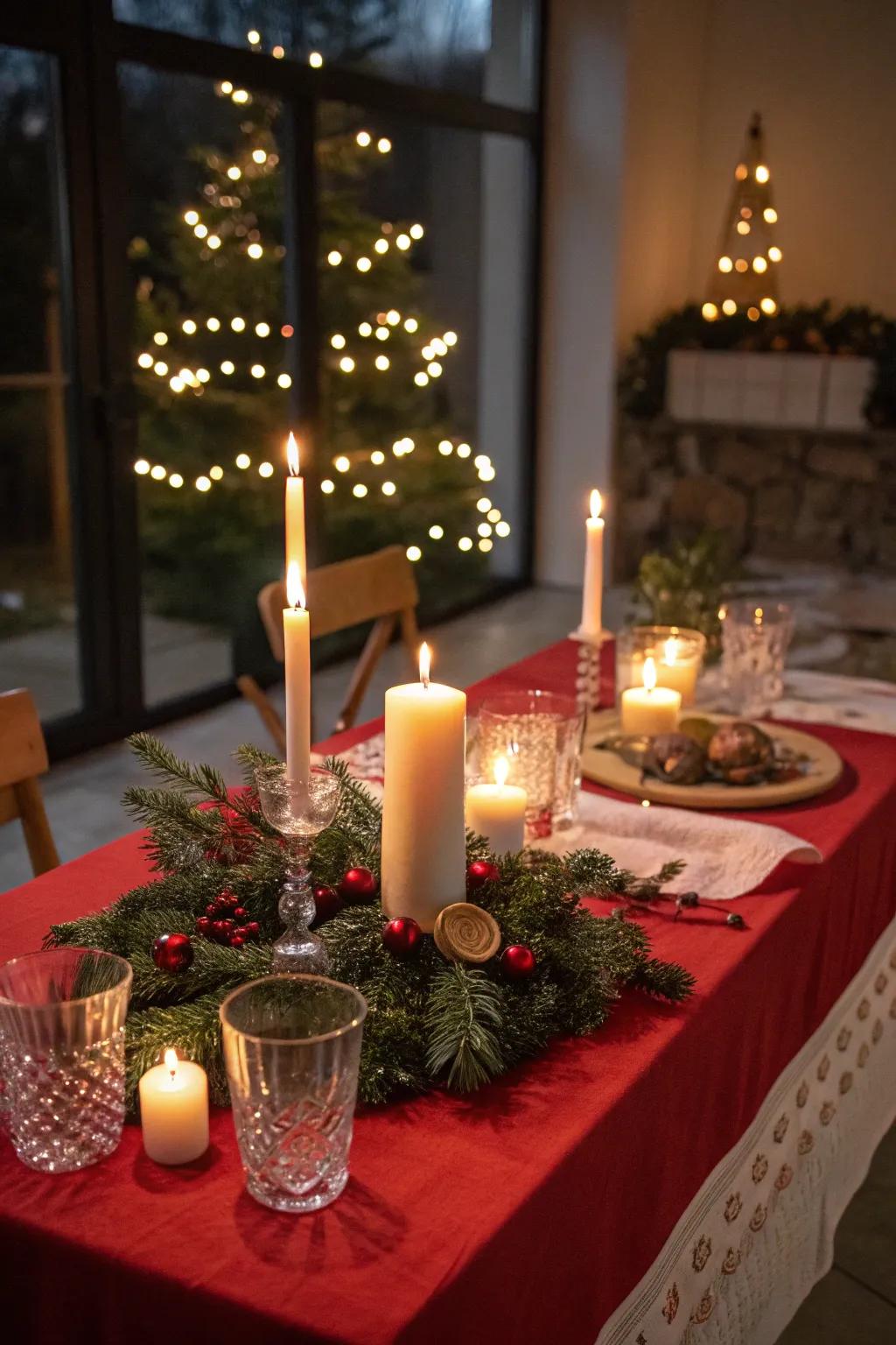 Candles of different heights provide warmth on a festive table.