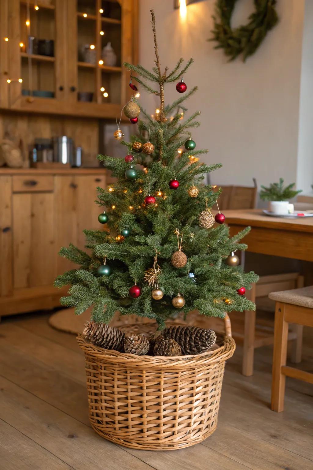 A braided basket introduces a touch of homespun allure to your tree.