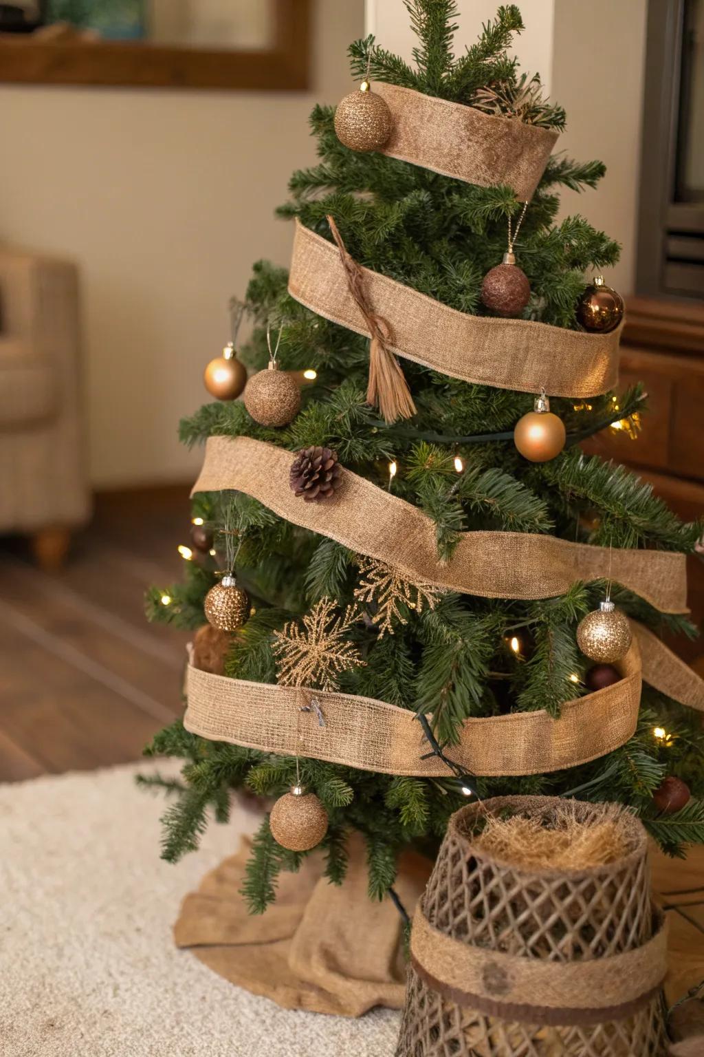 A Christmas tree featuring hessian wraps applied horizontally, radiating a country-style charm.