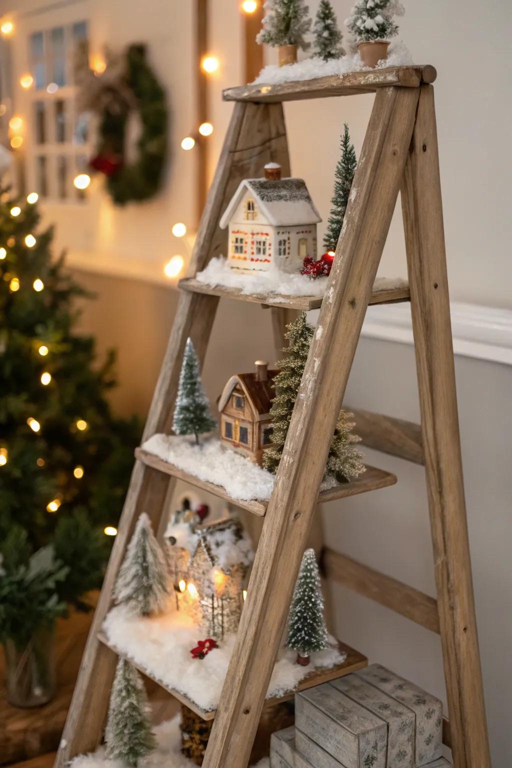 An aged ladder is reimagined into an alluring and countryside-inspired Christmas village exhibition.