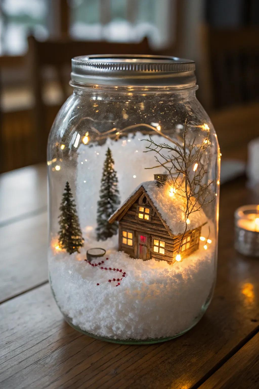 A cozy and welcoming cabin tableau contained within a jar.
