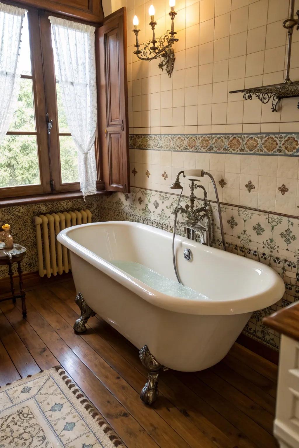 An opulent freestanding clawfoot bathtub assumes its role as the centerpiece.