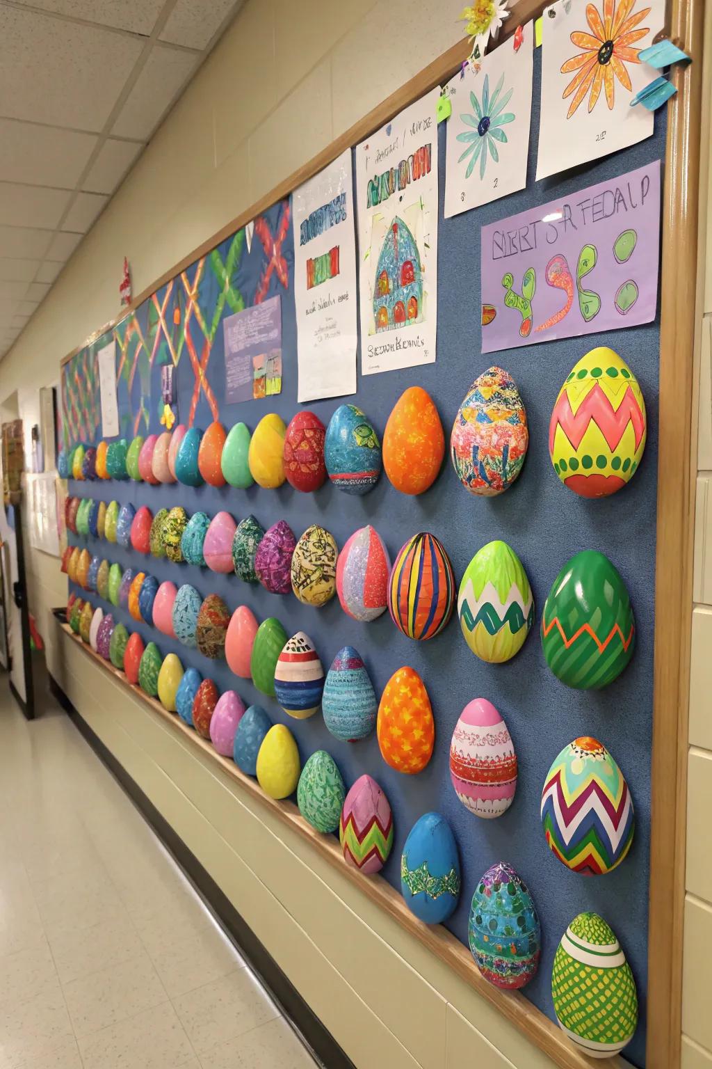 A vibrant display of geometric Easter eggs created by students.