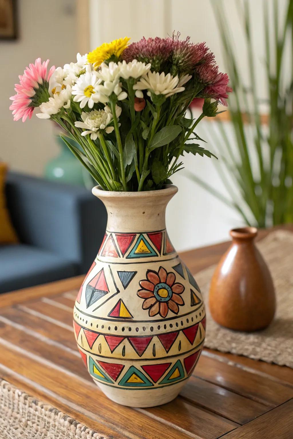 A painted earthenware vase showcasing vivid geometrical designs.