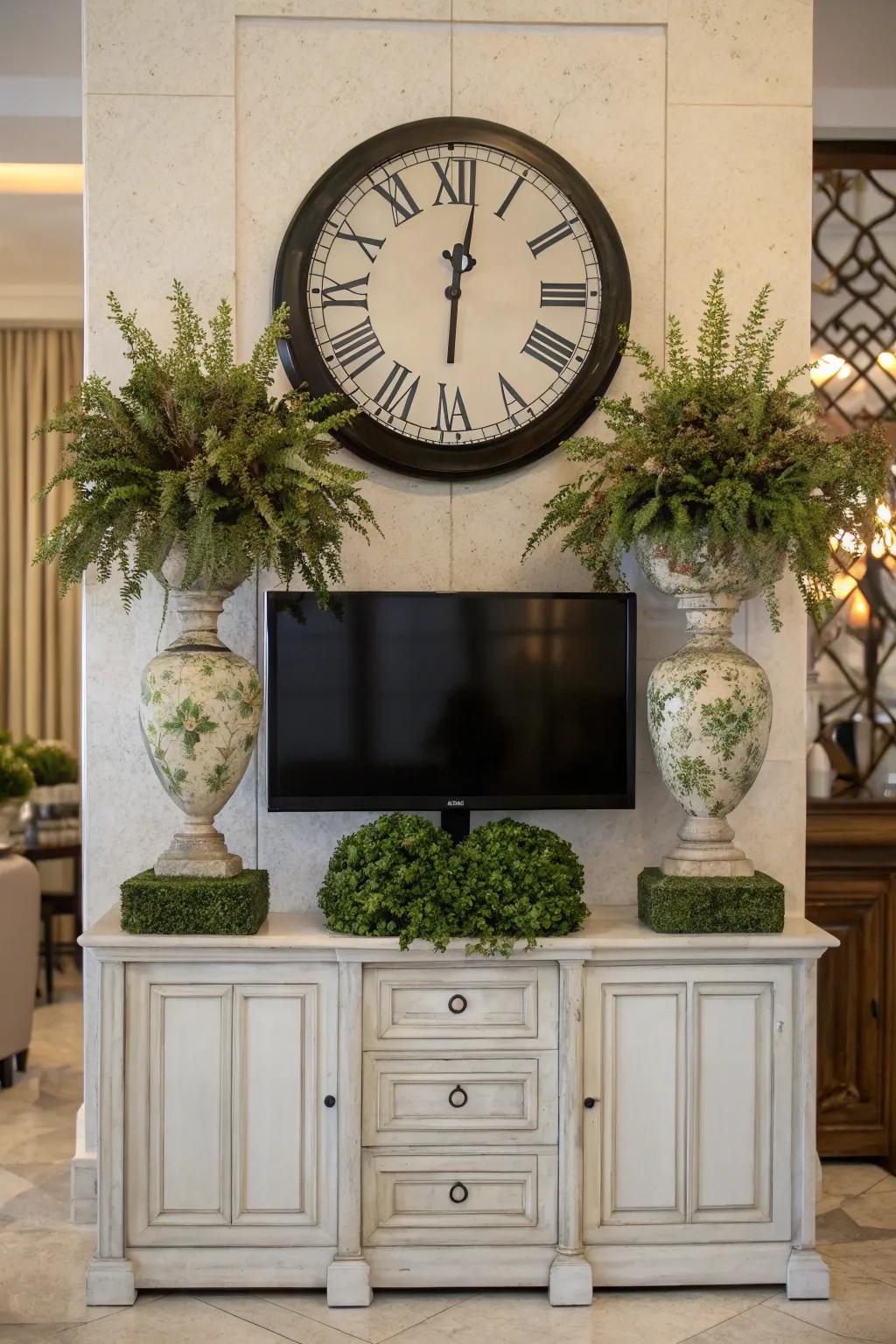 Symmetrical decor utilizing a clock and matching vases over a TV arrangement.